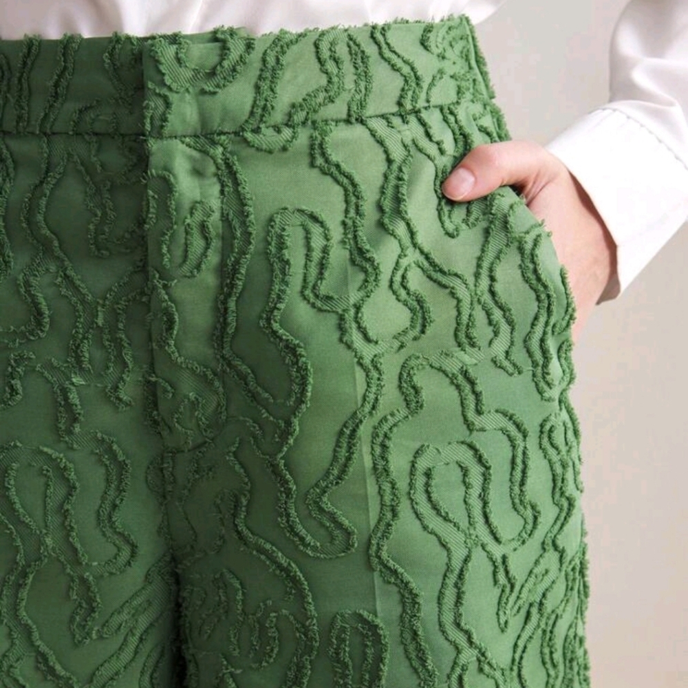 Floral Cut-Out Green Suit Pants, Women's Spring/Summer Apparel For Party - Picture 3 of 6